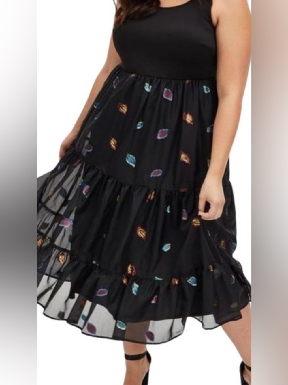 torrid Black feather tulle and scuba tiered tea length dress Sleeveless